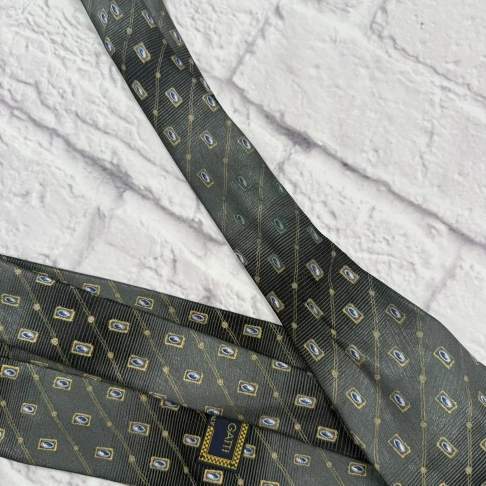 Luciano Gatti Neck Tie Mens Green Geometric 100% Silk Hand‎ Made In Italy